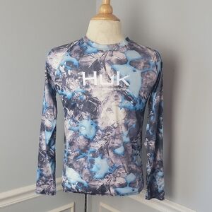 HUK Performance‎ Fishing Blue Gray Camo Activewear Long Sleeve Crewneck Shirt YL